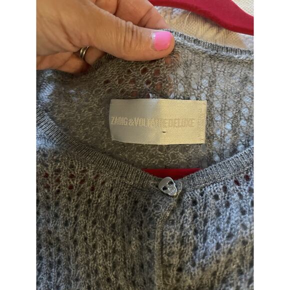 Rare! Zadig Voltaire 100% Cashmere Open Knit Cardigan Sweater Skull Buttons M 💀 - Picture 6 of 6